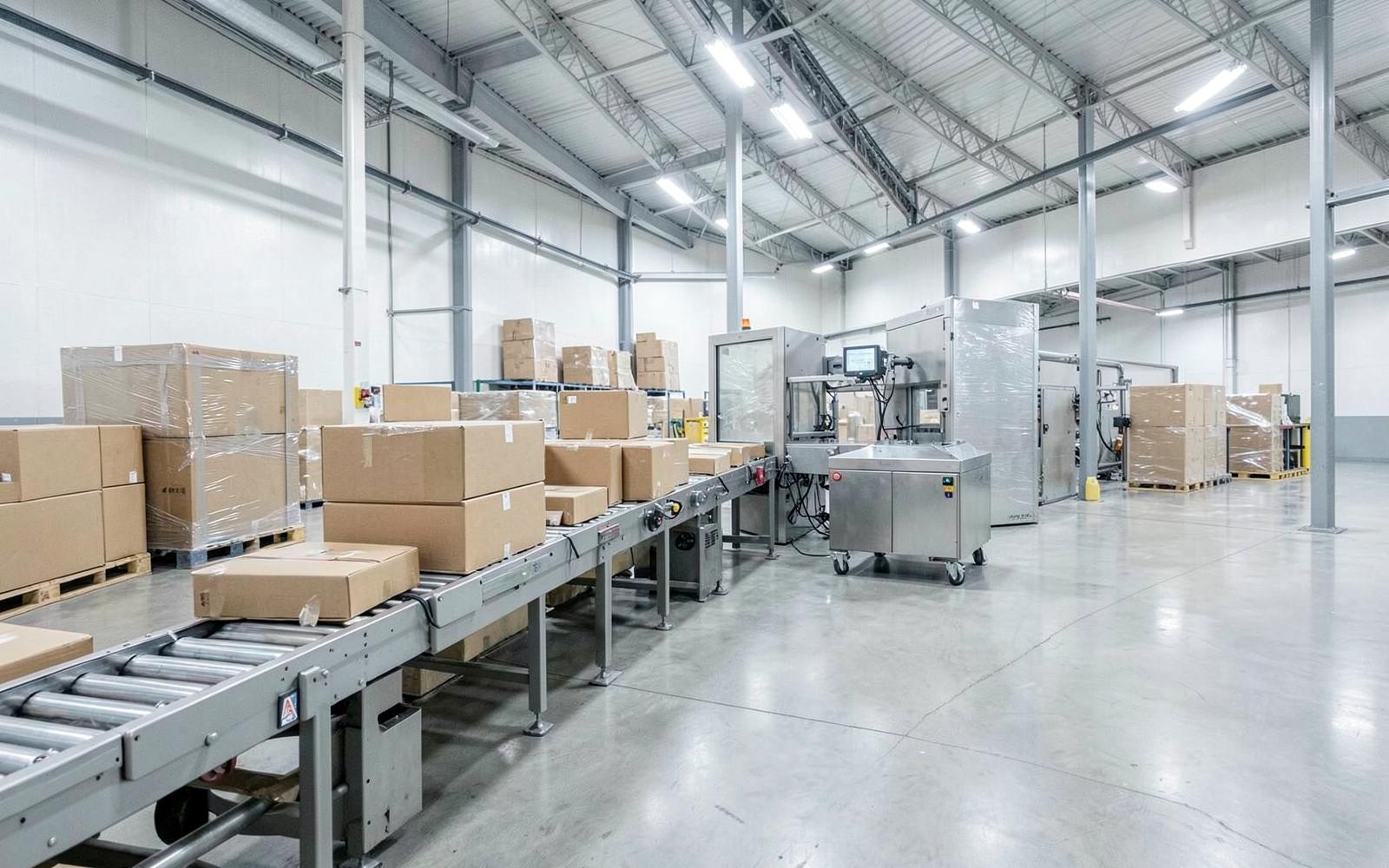 Contract packing hall with case packing conveyor and pallets
