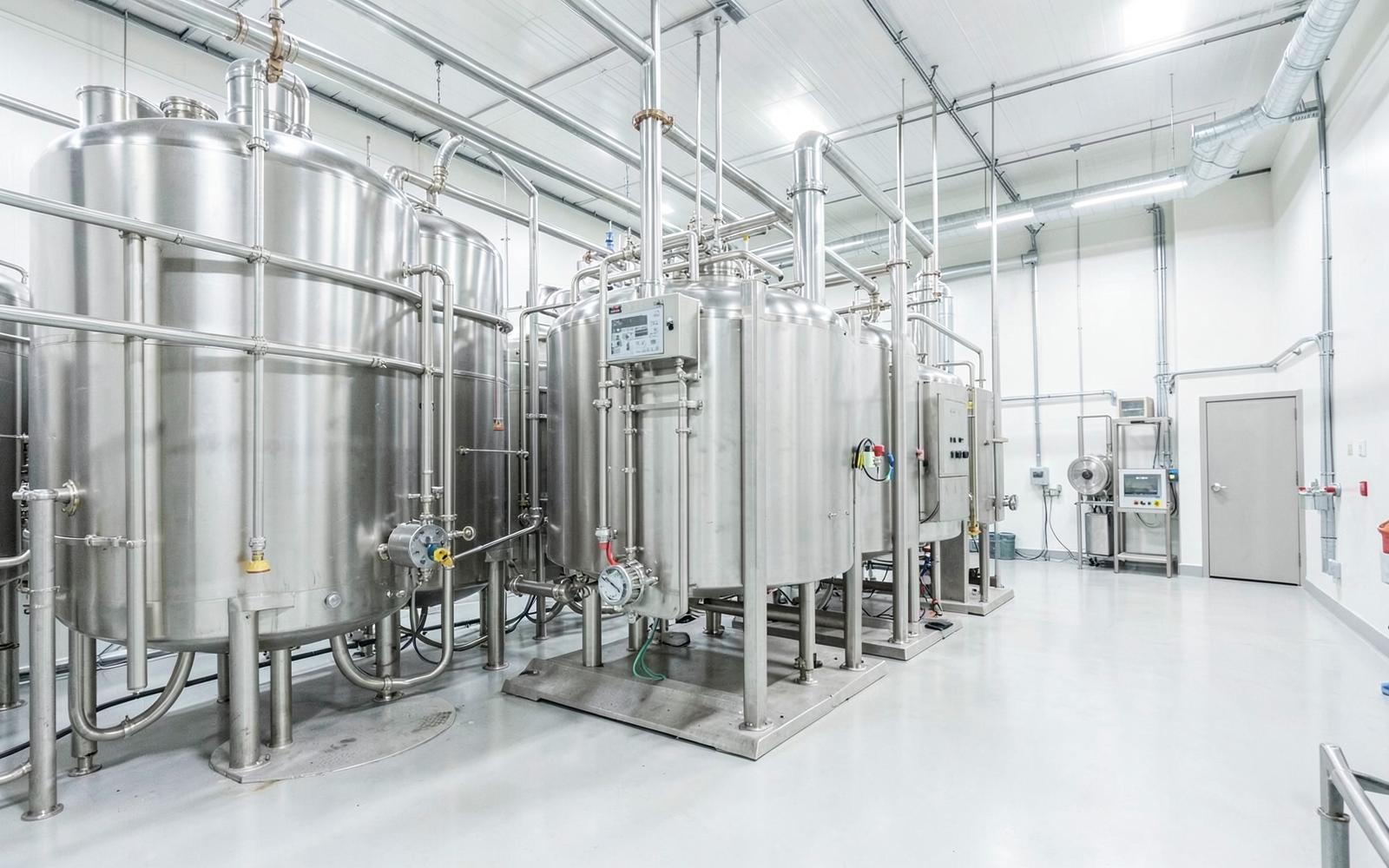 Stainless steel milk tanks and pipework in a dairy processing plant