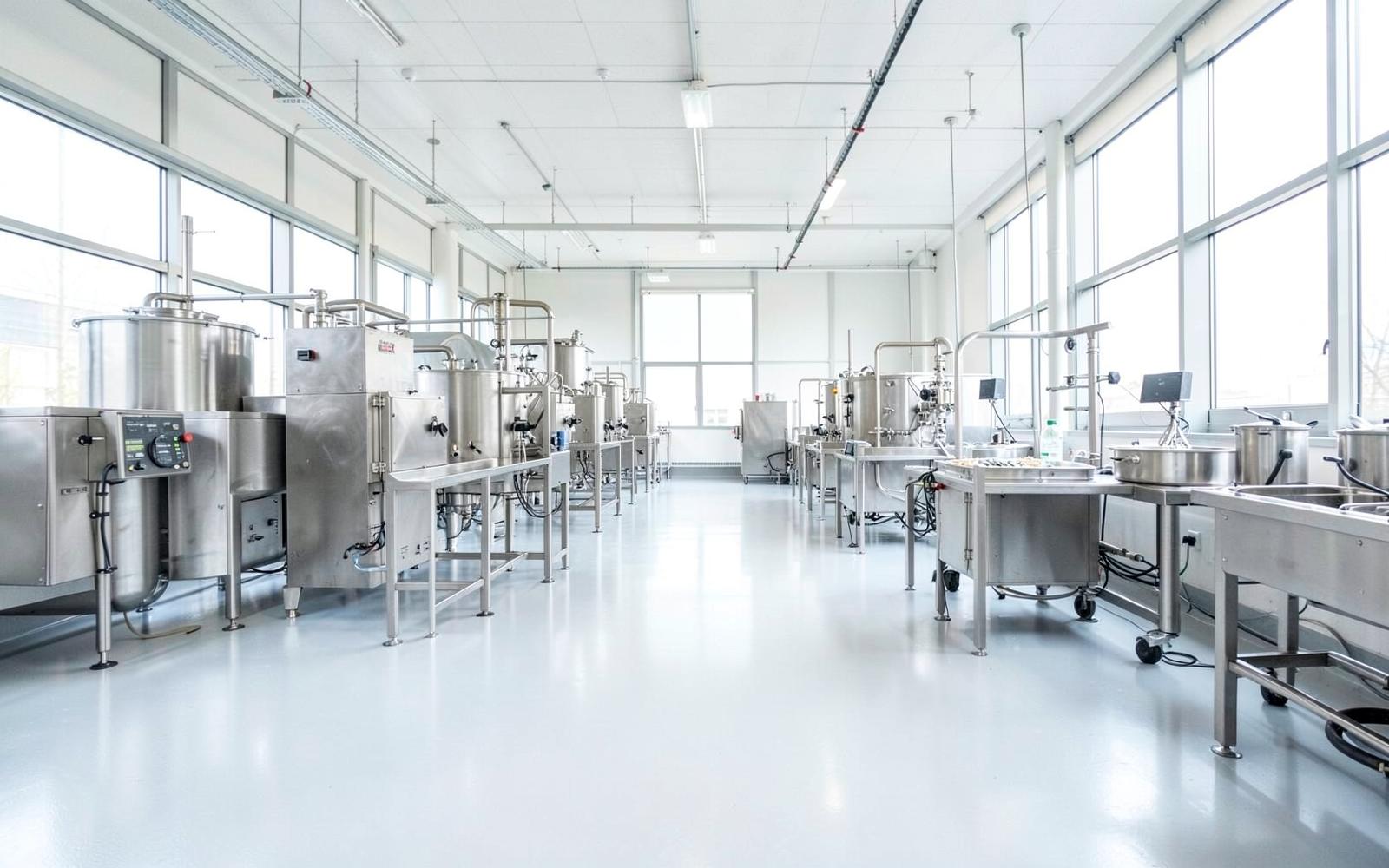 Bright modern food manufacturing production floor with stainless steel equipment