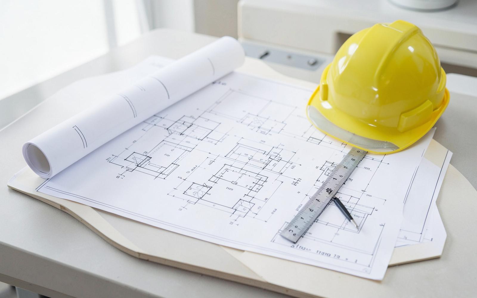 Factory layout drawings, scale ruler and hard hat on a planning desk