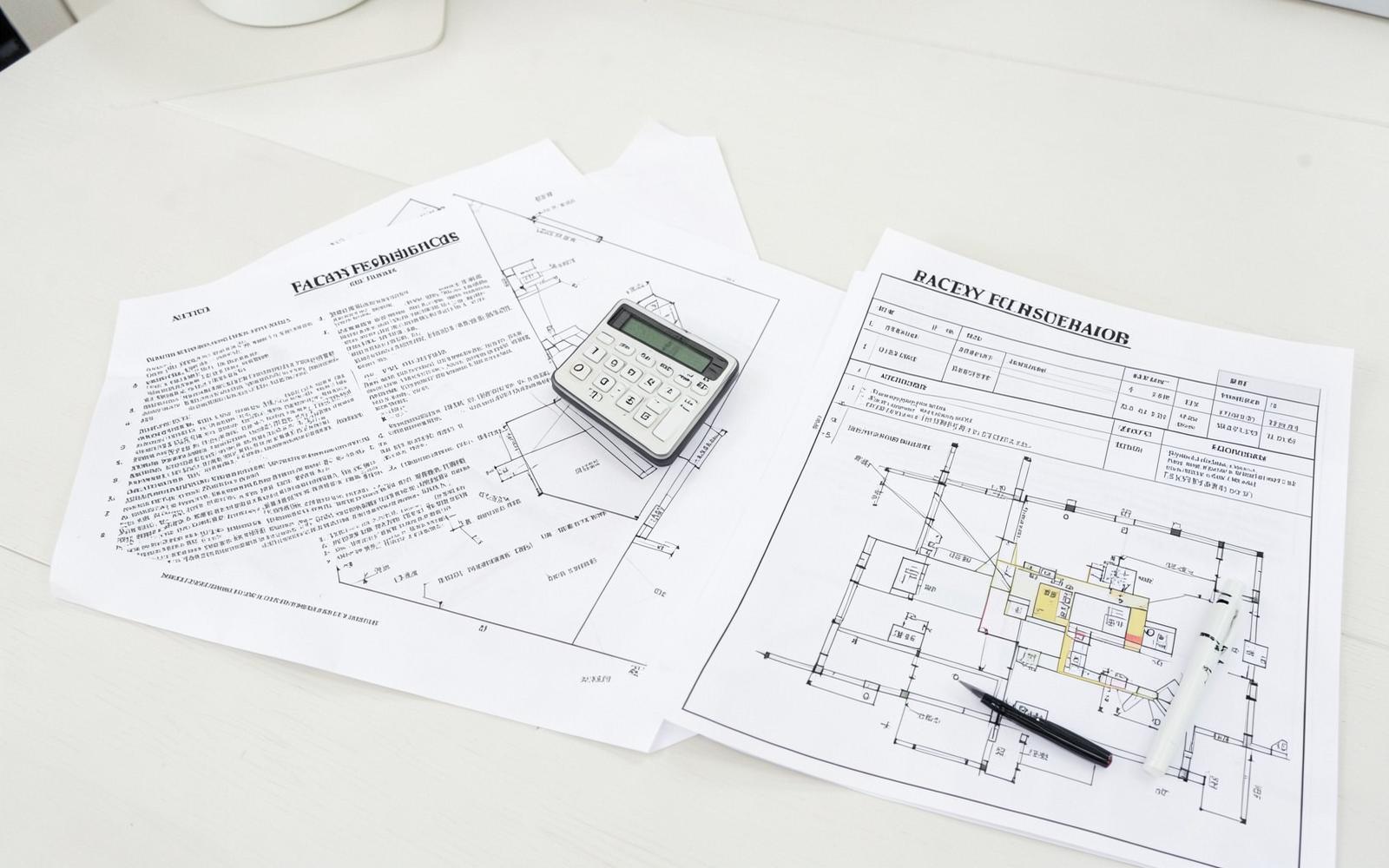 Factory feasibility documents, layout sheet and financial workings on a desk