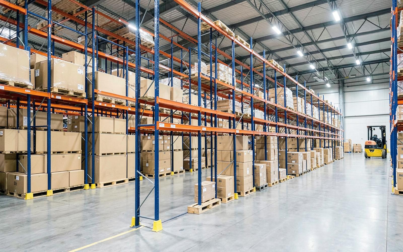 Distribution warehouse with tall racking and palletised stock