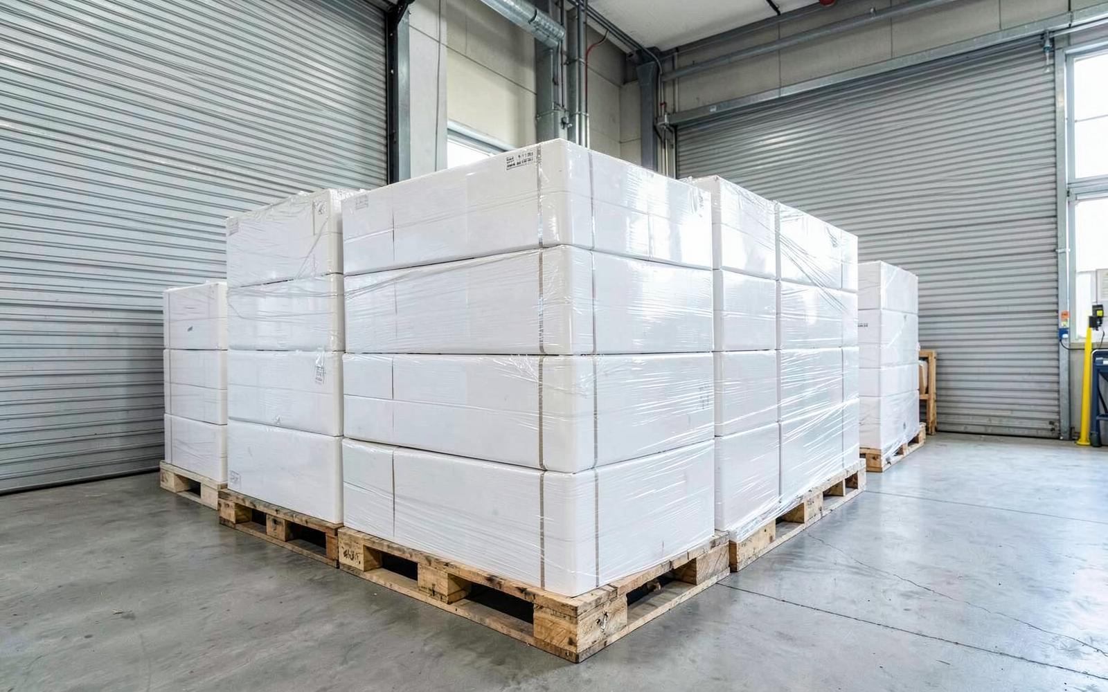Wrapped pallets of plain cartons in a dispatch bay