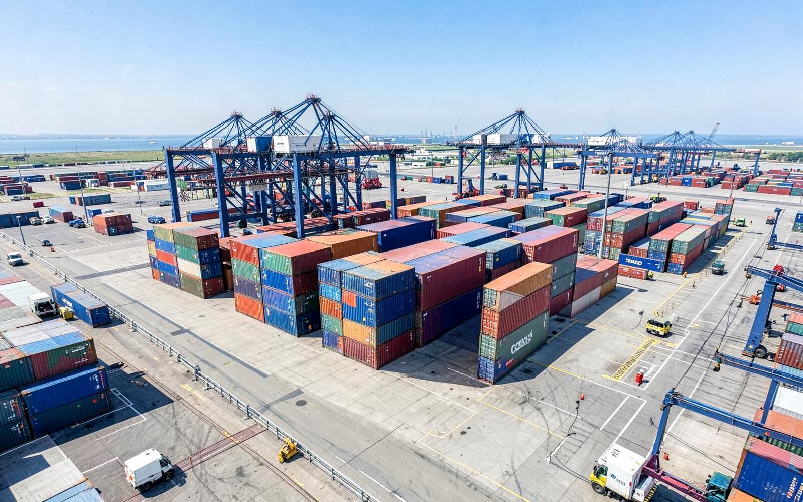 Container port terminal with gantry cranes and stacked containers