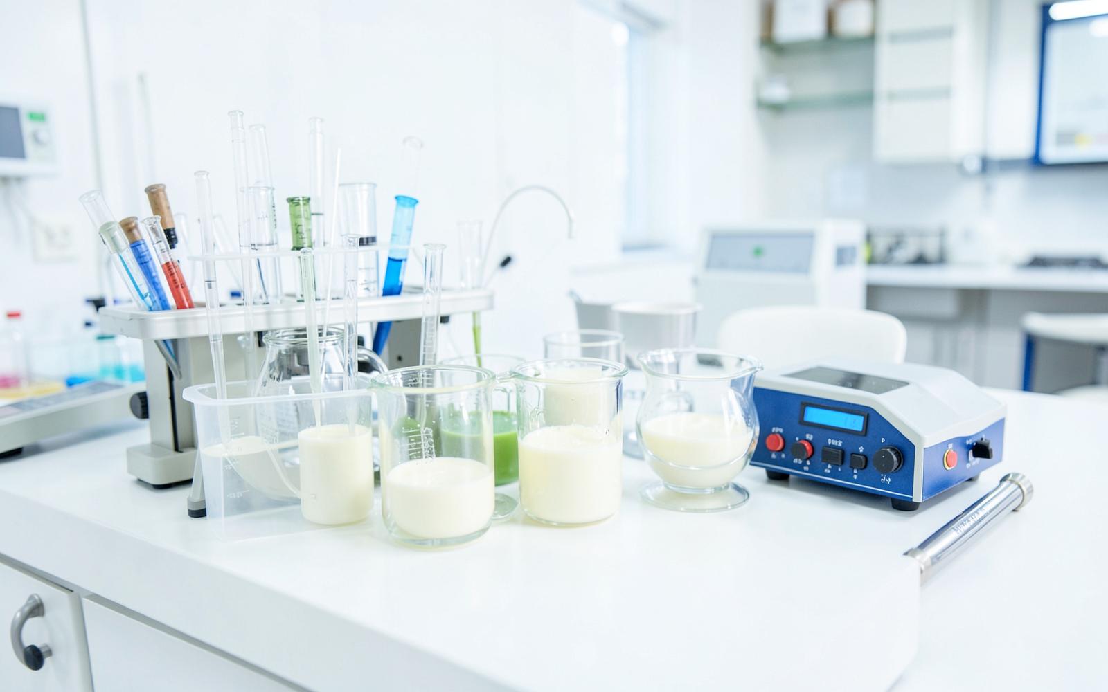 Food quality control laboratory bench with milk samples and test instruments