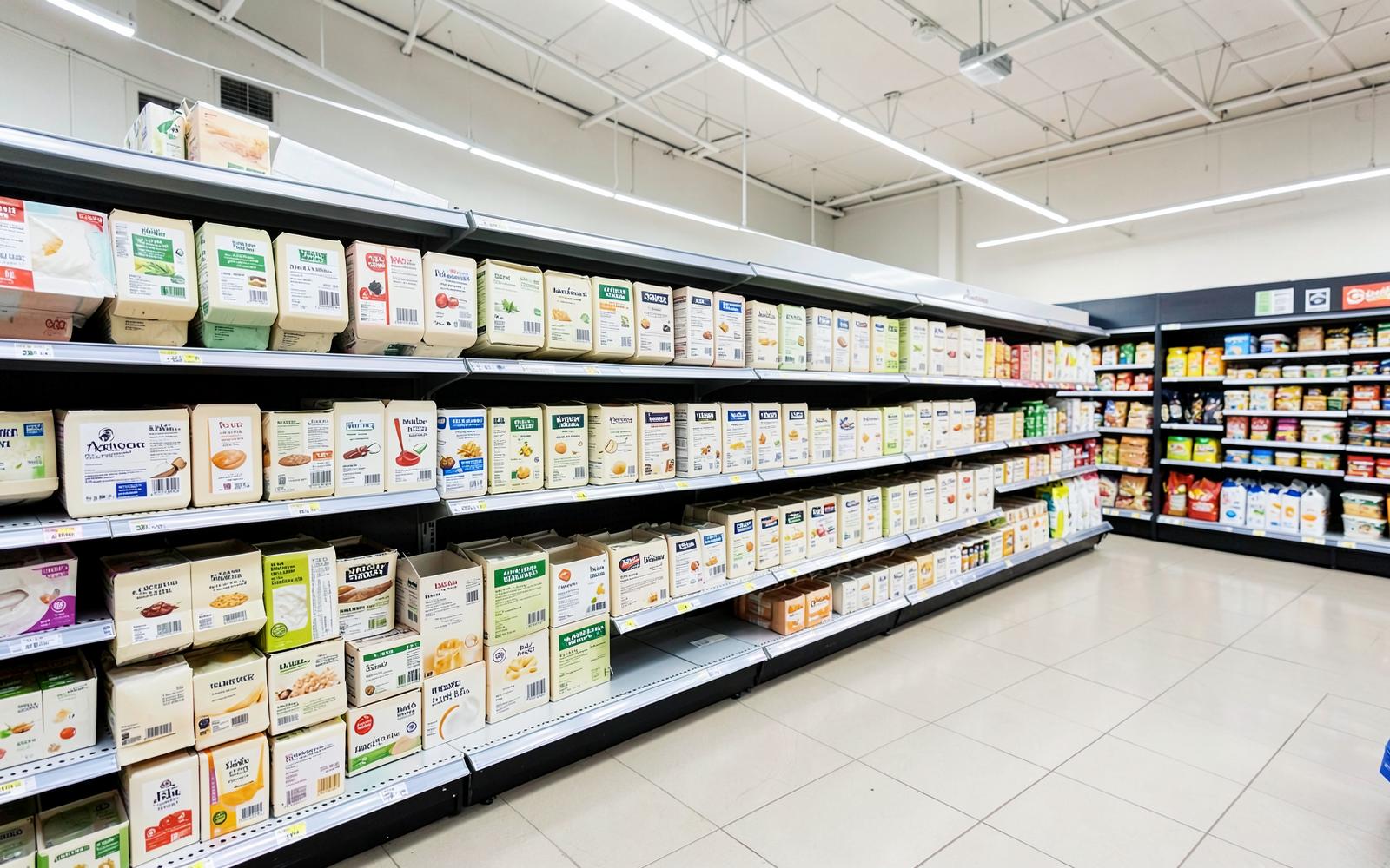 Chilled retail shelving with unbranded dairy and food packs